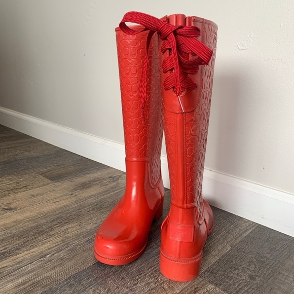 Red Coach Lace Up Rain Boots in size 6, worn once - Picture 3 of 5